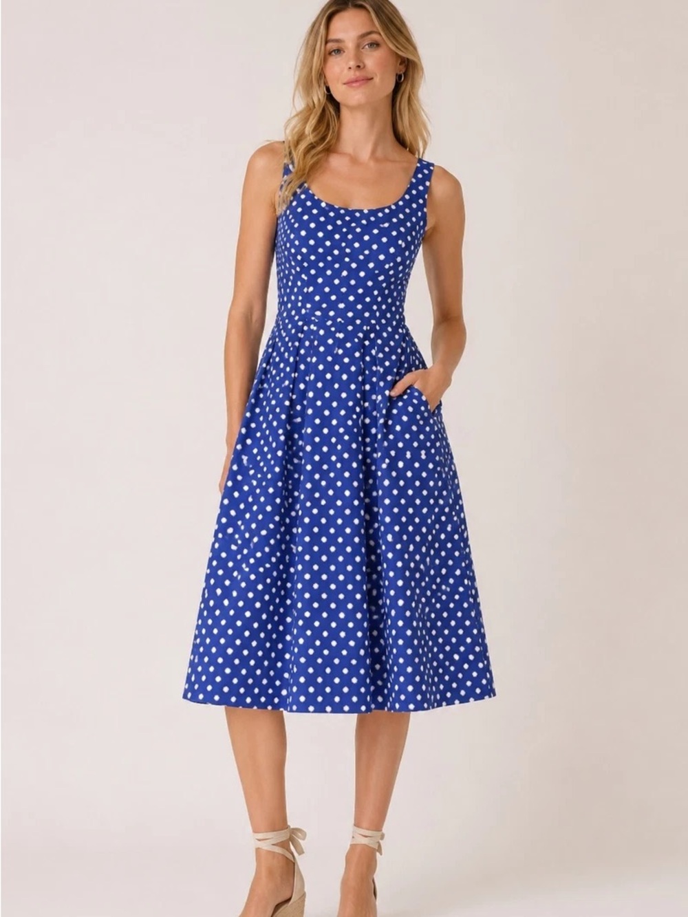 Boden Blue White Cotton Polka Dot Sleeveless Sabina Midi Dress Size 4R
